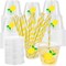 100Pcs Lemon Disposable Plastic Cups with Lids and Straws, 9Oz Party Cups Yellow Lemon Cold Beverage Drinking Cups